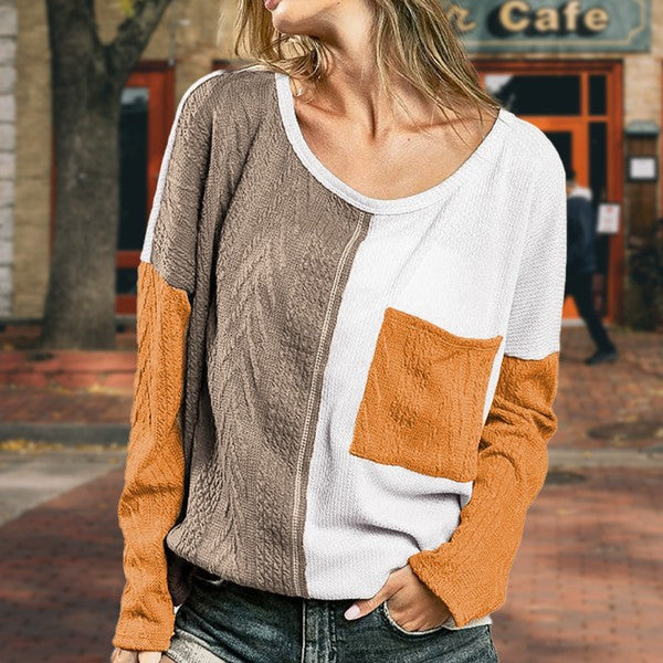 Cable knit color block round neck sweater Shop Style & More | Fresh Looks, Everyday Deals & Free Shipping
