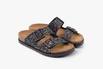Siena II by LEON– Women’s Leather Sandal- Glitter Double Buckle Slip-on with Cushioned Footbed LEON Footwear USA