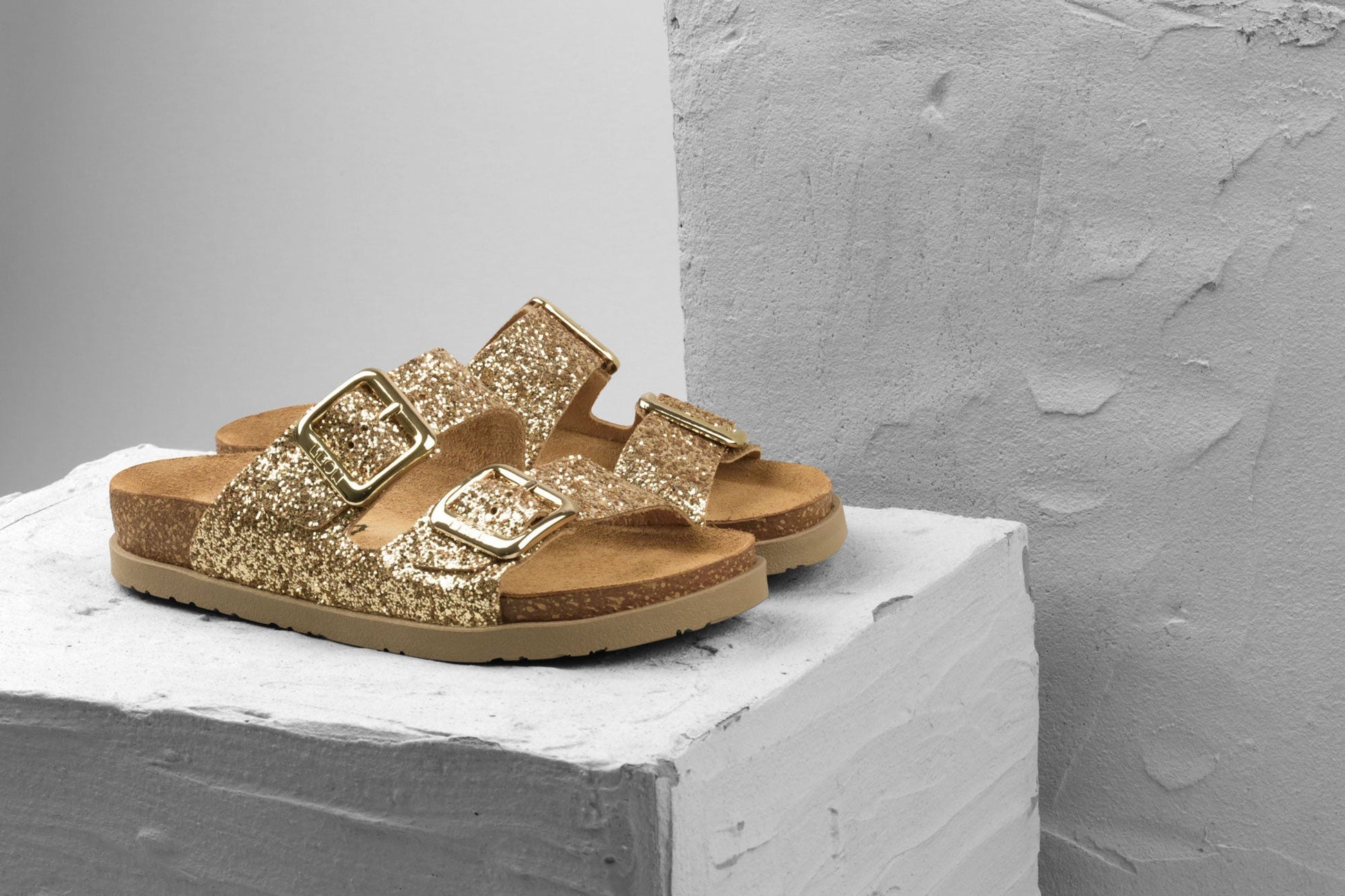 Siena II by LEON– Women’s Leather Sandal- Glitter Double Buckle Slip-on with Cushioned Footbed LEON Footwear USA