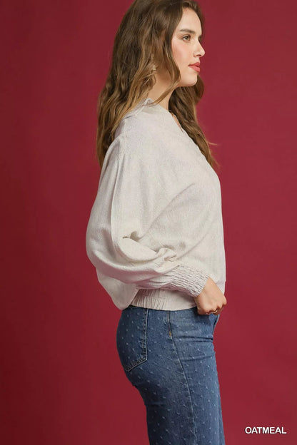Umgee Linen Long Sleeves Elastic Hem Blouse West2East Surf