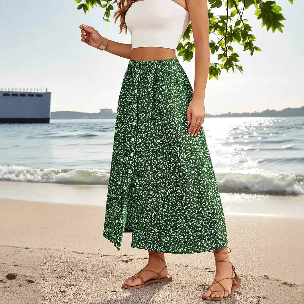 European And American Printed Breasted Self-tie Summer Pastoral A- Line Skirt Advanced Skirt Grayceful LLC