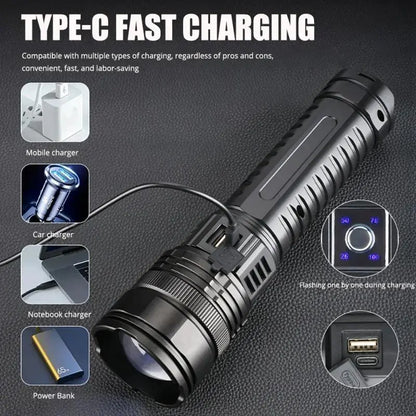 Rechargeable LED Outdoor Tactical Flashlight, 5 Modes Zoomable High-Lumens Portable LED Light with Long-Range Beam & COB Light for Camping & Hiking, Adjustable Tactical Flashlights, Emergency LED Flashlight