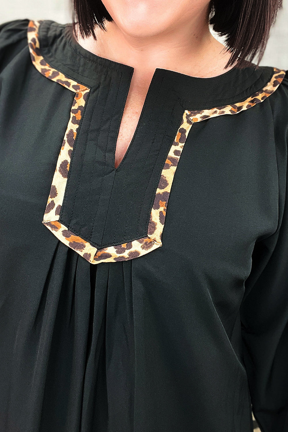 Black Plus Size Notched Neck Leopard Trim Flounce Long Sleeve Shift Dress Garden Naked Curves