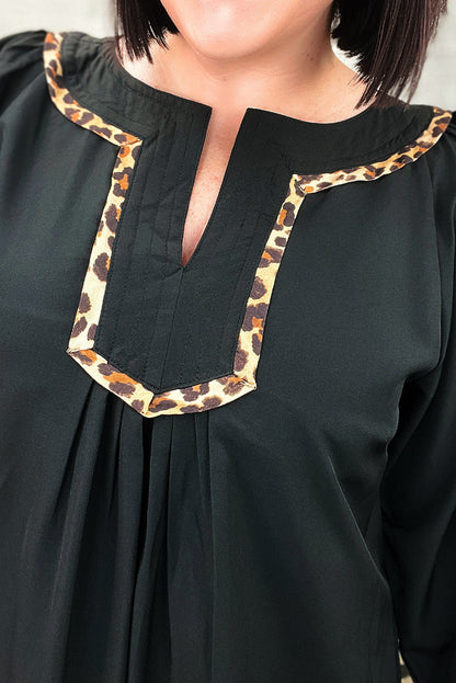 Black Plus Size Notched Neck Leopard Trim Flounce Long Sleeve Shift Dress Garden Naked Curves