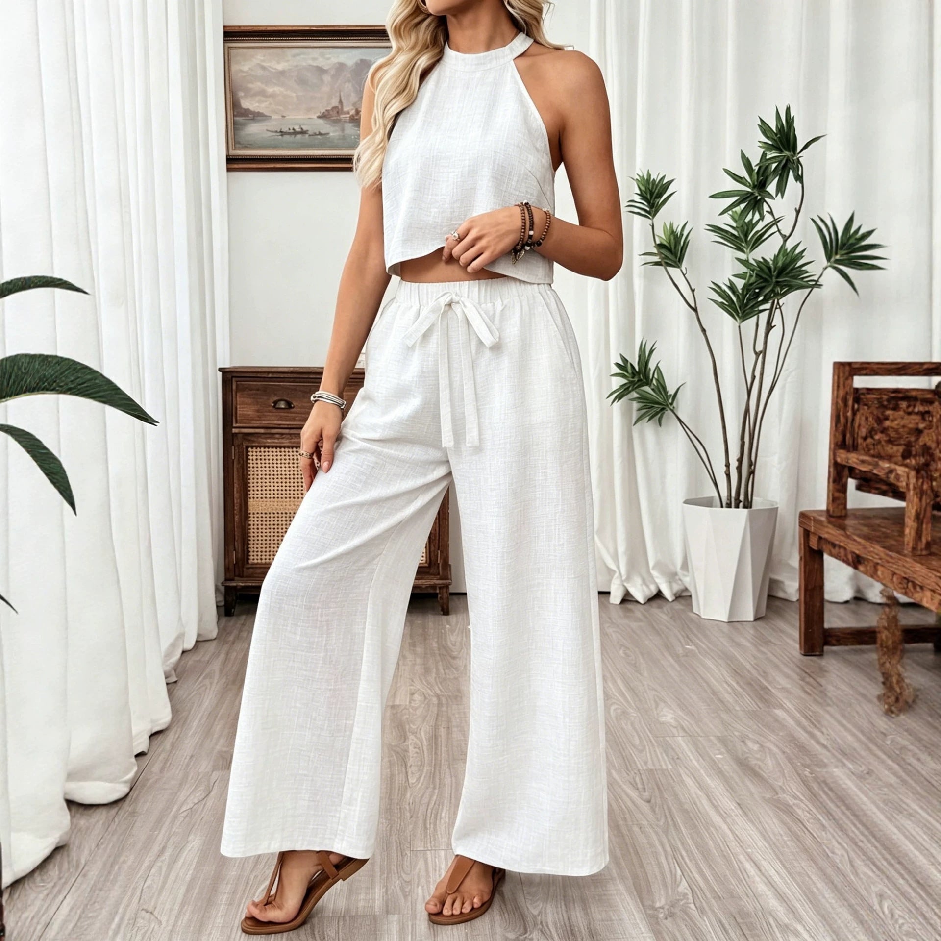 Women's Halter Neck Cropped Top & Wide-Leg Pants Two-Piece Set FitiqueFit
