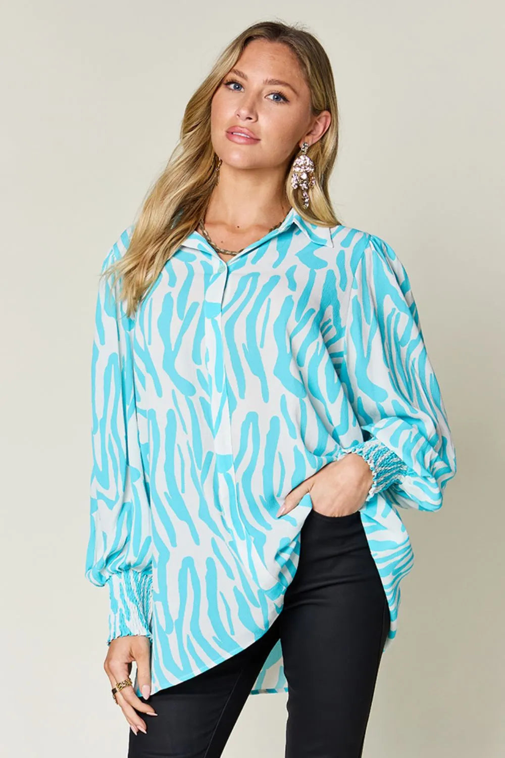 Double Take Full Size Printed Smocked Long Sleeve Blouse Plus Size New Era Fashion LLc
