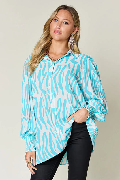 Double Take Full Size Printed Smocked Long Sleeve Blouse Plus Size New Era Fashion LLc