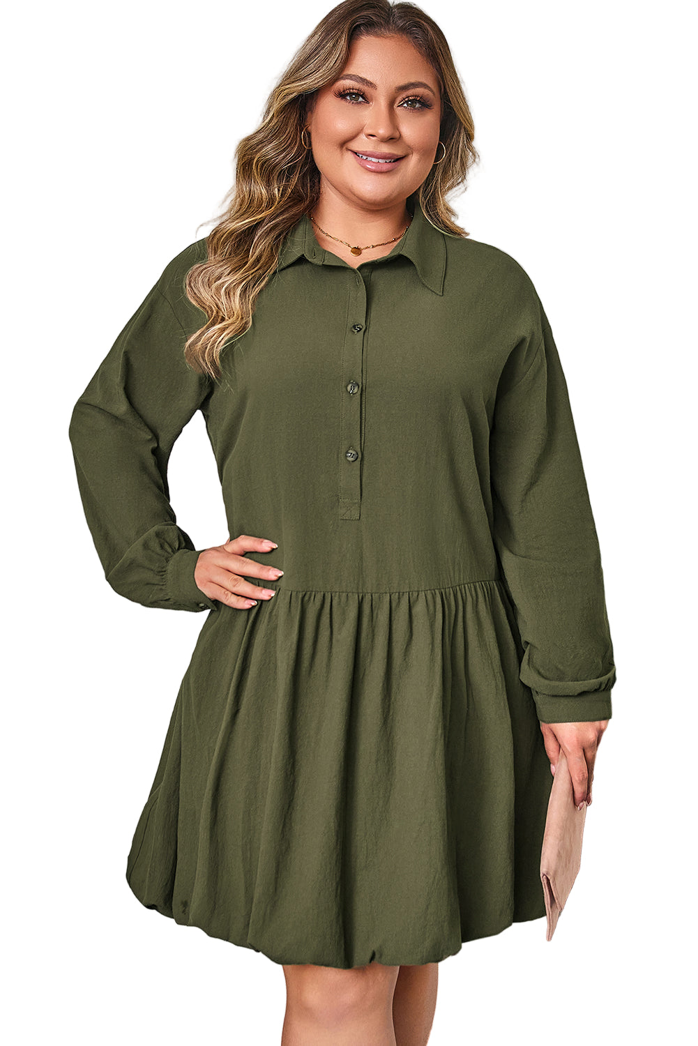 Four Leaf Clover Plus Size Collar Half Button Long Sleeve Ruffle Hem Mini Dress Garden Naked Curves