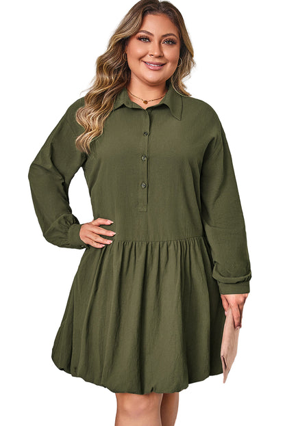 Four Leaf Clover Plus Size Collar Half Button Long Sleeve Ruffle Hem Mini Dress Garden Naked Curves