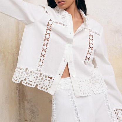 Women's Hollow-Out Patchwork Tassel Coat – Long Sleeve Lapel Button-Down Jacket FitiqueFit