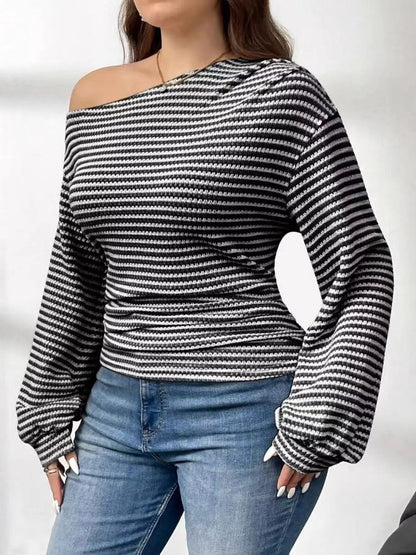 Plus Size Striped One-Shoulder Long Sleeve T-Shirt See size chart under “more details” The Fashion Celestial