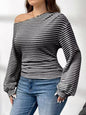 Plus Size Striped One-Shoulder Long Sleeve T-Shirt See size chart under “more details” The Fashion Celestial