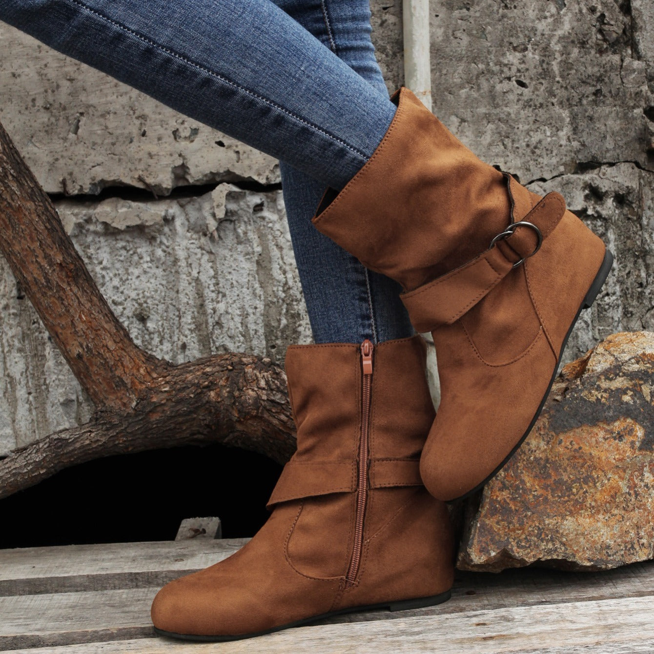 1.18inch Inner Height Increase Women's Short Boots with Flat Sole, Buckle Closure, Comfortable, Warm, and Lightweight, Women Shoes NovaCart