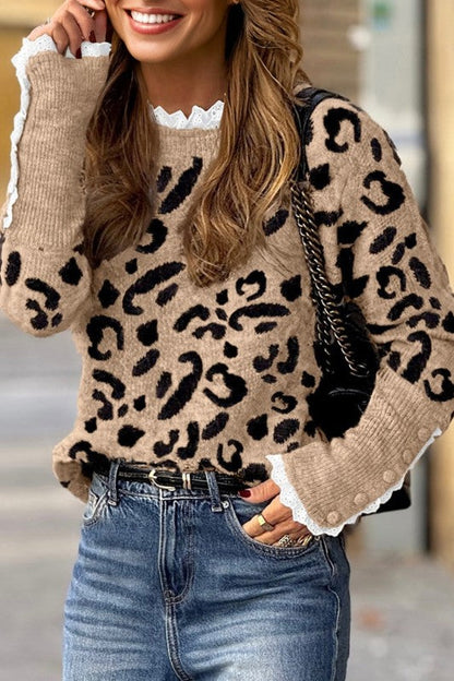 Leopard Lace Ribbed Trim Buttoned Cuff Sweater Shop Style & More | Fresh Looks, Everyday Deals & Free Shipping