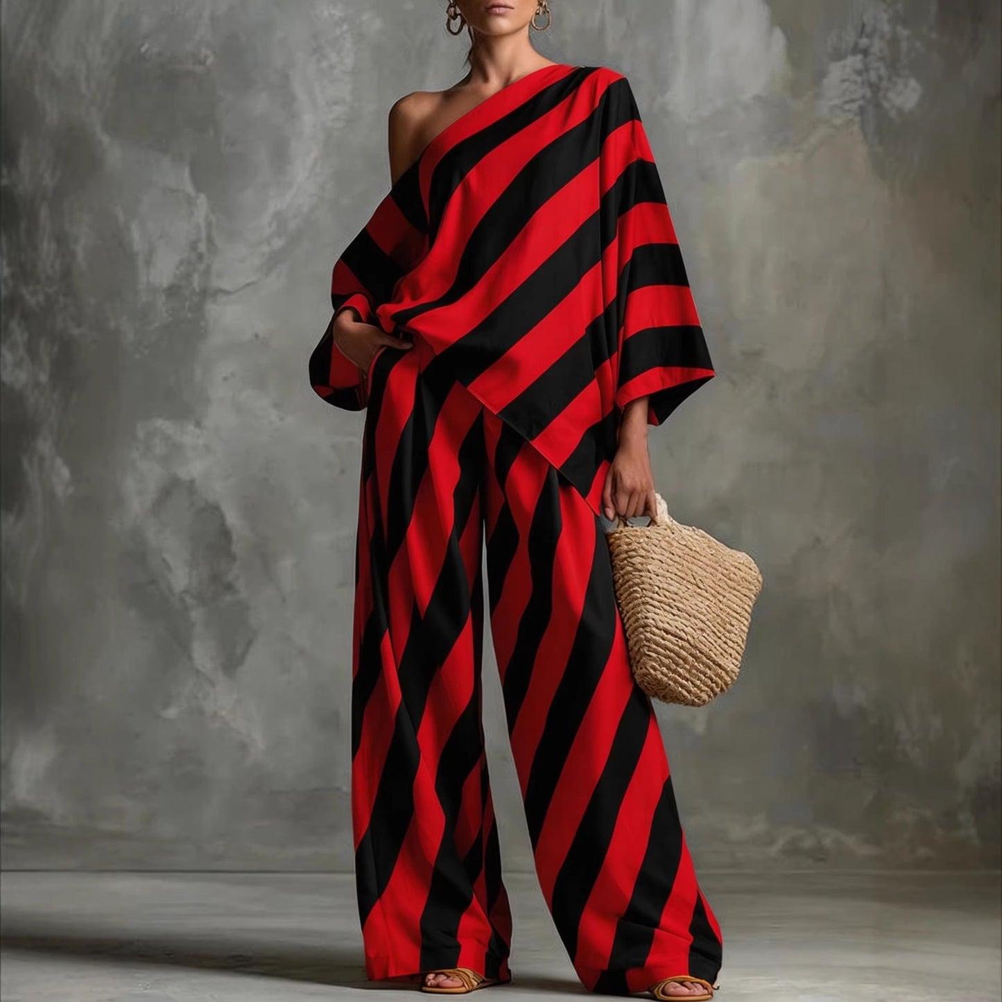 Women's Retro Striped Batwing Top & Wide-Leg Pants Set – Vintage 2-Piece FitiqueFit