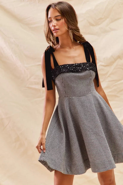 SO ME Houndstooth Fit Flare Mini Dress with Shoulder Tie West2East Surf