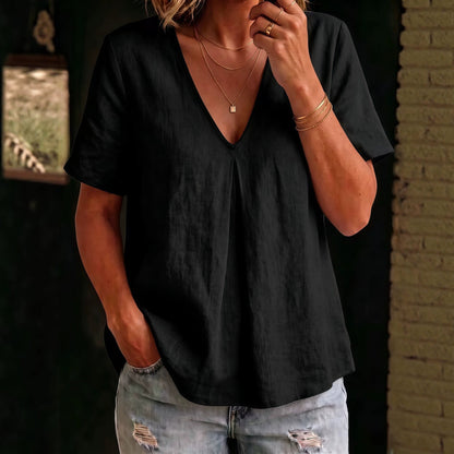 Women's Pleated Cotton-Linen Short-Sleeve Shirt – 5 Colors S–XXL FitiqueFit