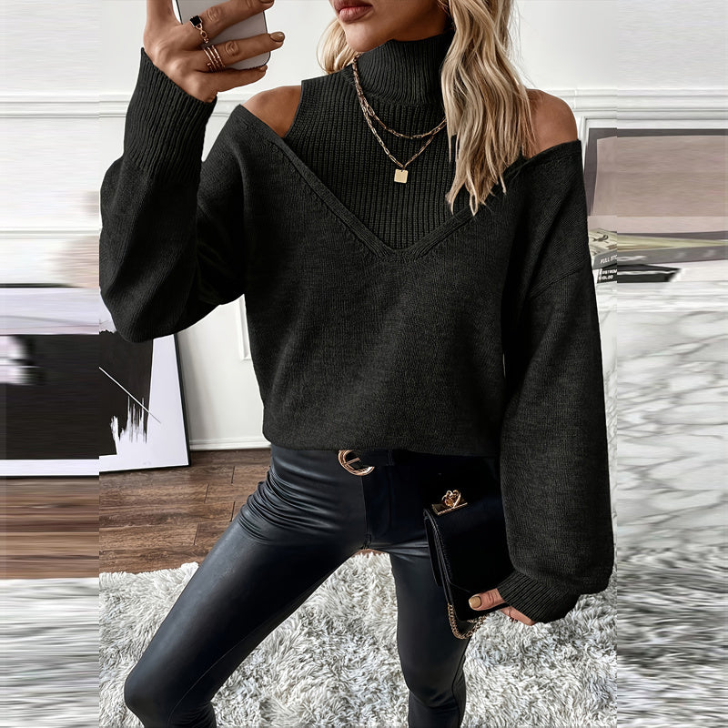 Women’s Elegant Off-Shoulder Turtleneck Sweater — Long Sleeve Knit Top FitiqueFit