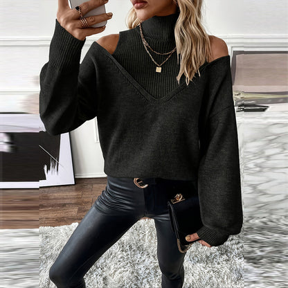 Women’s Elegant Off-Shoulder Turtleneck Sweater — Long Sleeve Knit Top FitiqueFit