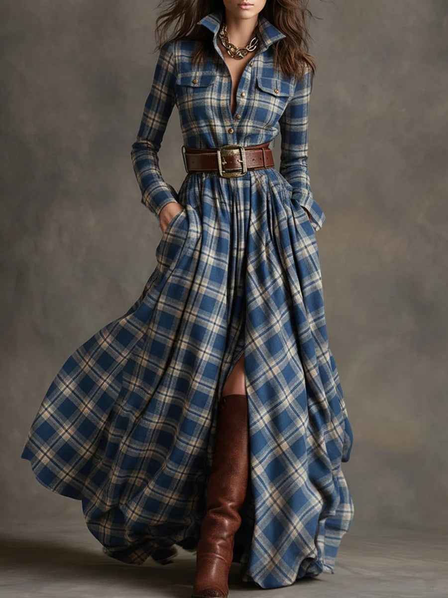 Women's Plus Size Plaid Print Long Sleeve Shirt Dress with Pockets FitiqueFit