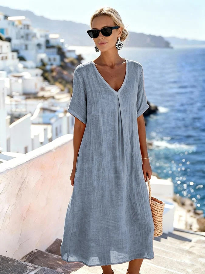 Patchwork Asymmetrical Maxi Dress – Relaxed V-Neck Style FitiqueFit