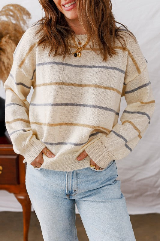 Stripe Ribbed Trim Drop Shoulder Sweater Shop Style & More | Fresh Looks, Everyday Deals & Free Shipping