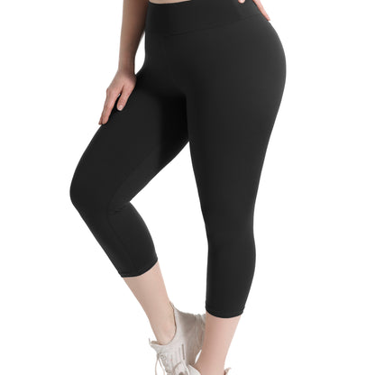 Women'S Plus Size Capri Leggings, High Waist Tummy Control, 4X Stretch, Pocket Detail, Solid Black, Knit Fabric, Polyester 92%, Spandex 8%, 210g/m², All Season Skinny Yoga Pants NovaCart