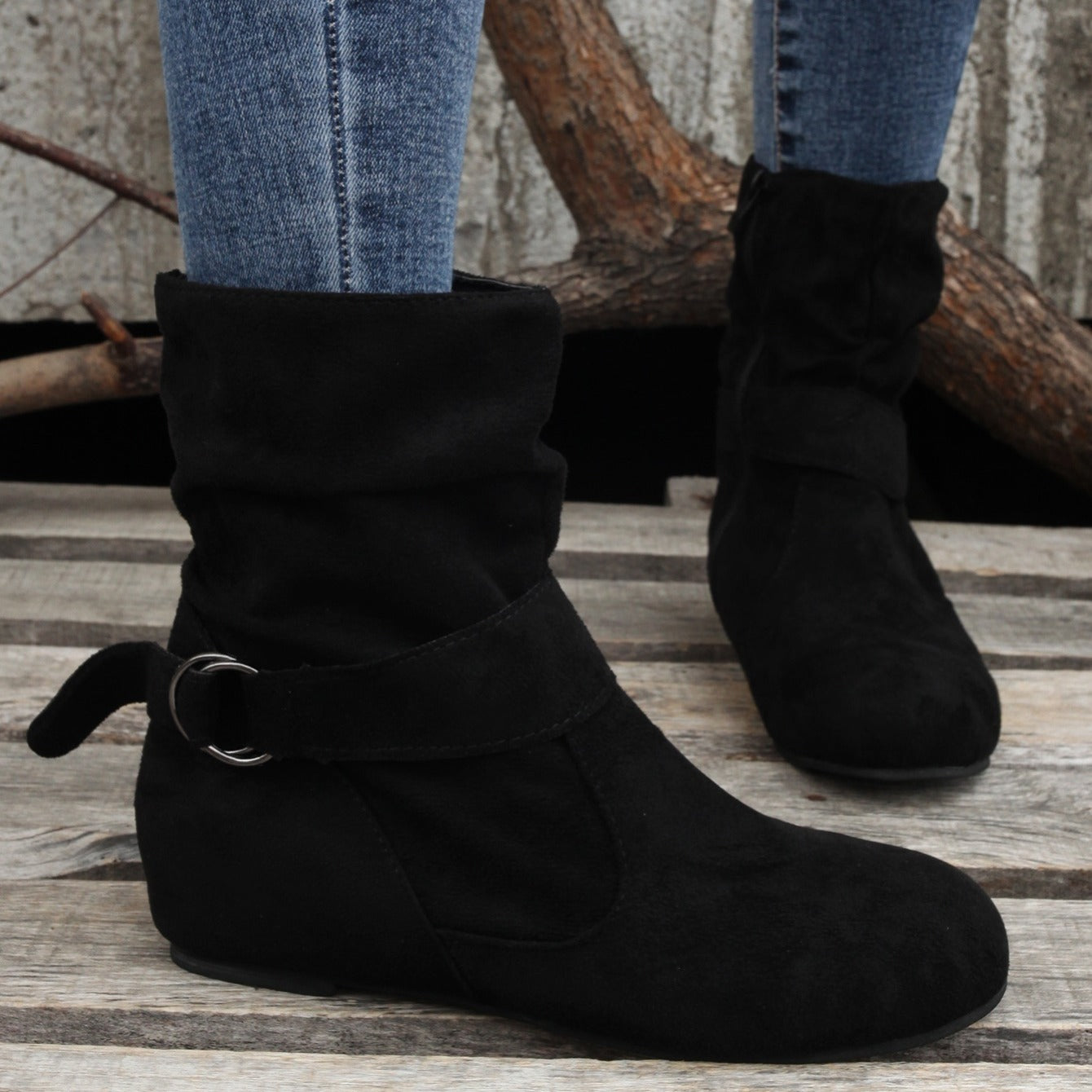 1.18inch Inner Height Increase Women's Short Boots with Flat Sole, Buckle Closure, Comfortable, Warm, and Lightweight, Women Shoes NovaCart