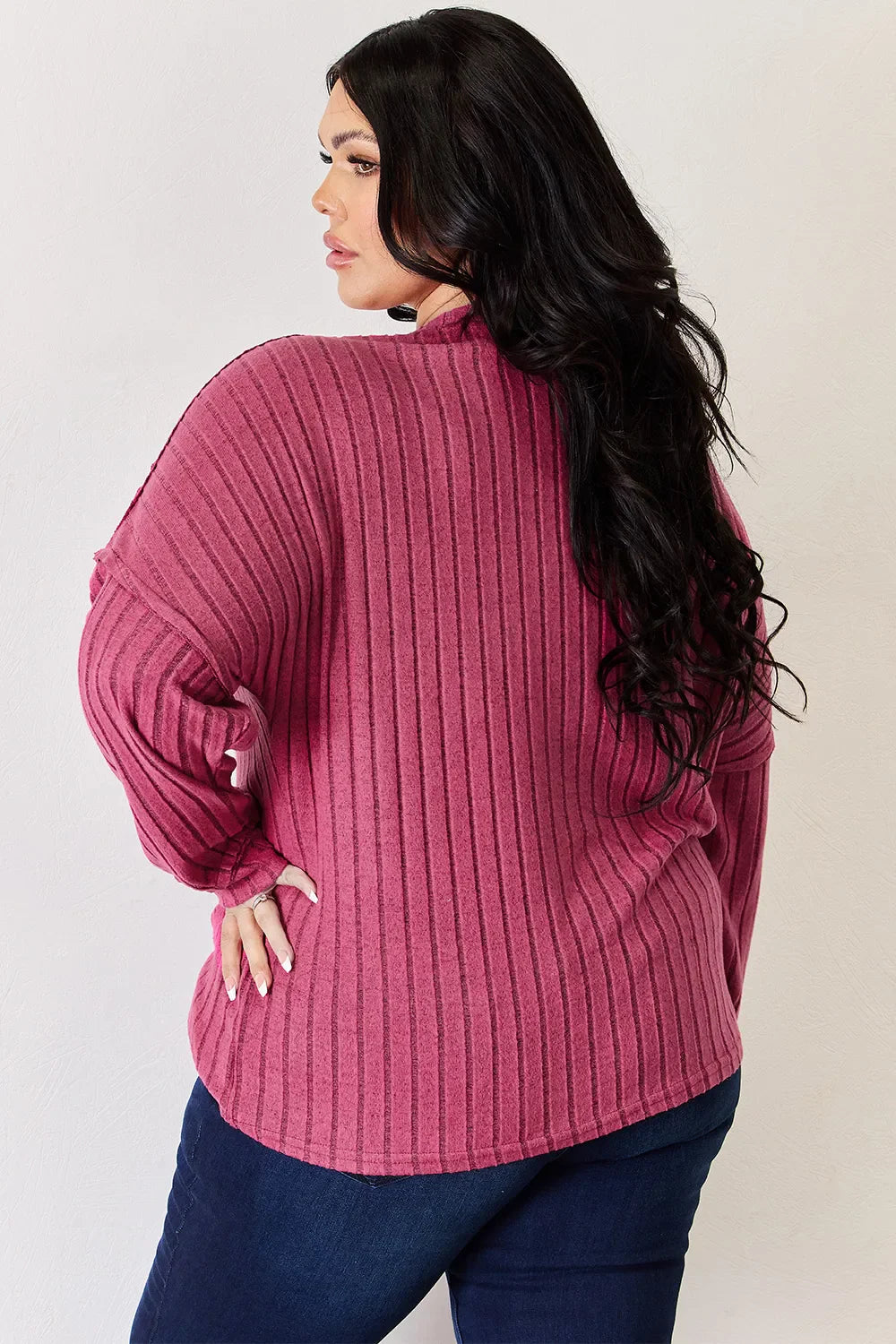 Basic Bae Full Size Ribbed Half Button Long Sleeve High-Low T-Shirt New Era Fashion LLc