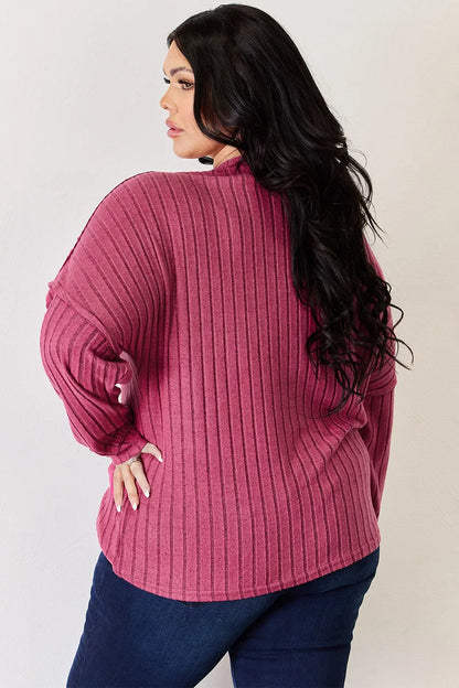 Basic Bae Full Size Ribbed Half Button Long Sleeve High-Low T-Shirt New Era Fashion LLc