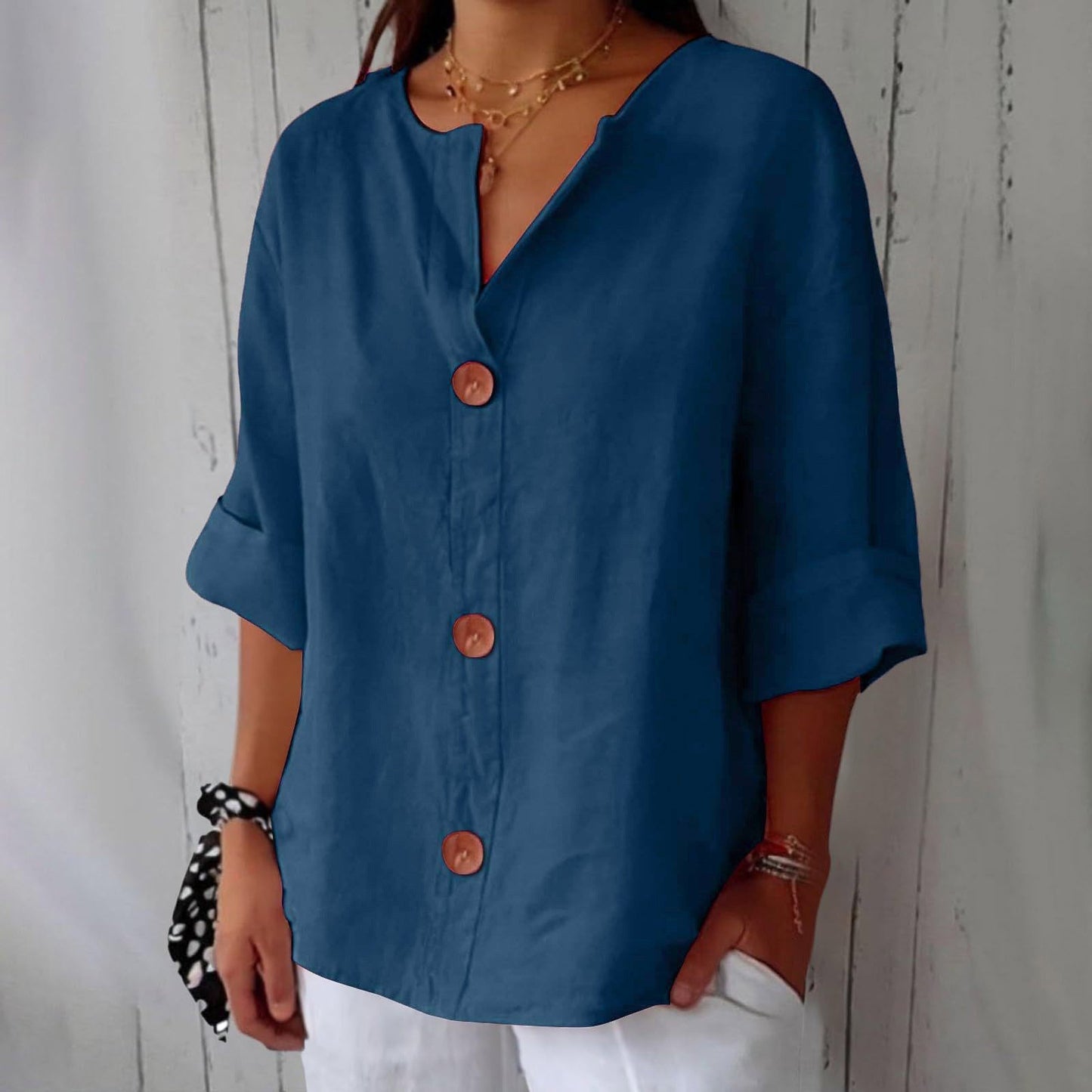 Women's V-Neck Cotton Linen Buttoned Blouse FitiqueFit