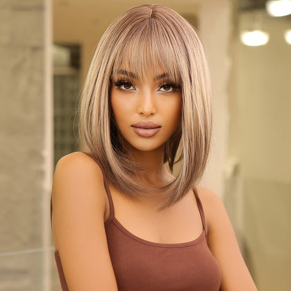Elegant 14 inch Gray Ombre Brown Bob Wig for Women with Bangs, Shoulder Length Straight Hair Wig, High Temperature Fiber, Rose Net Cap, Natural Look NovaCart