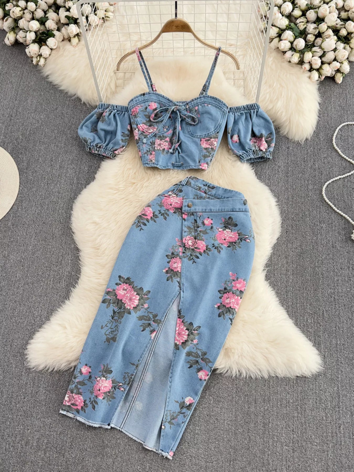 Floral Print Sweetheart Neck Cami and Skirt Denim Set New Era Fashion LLc