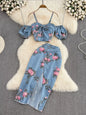 Floral Print Sweetheart Neck Cami and Skirt Denim Set New Era Fashion LLc