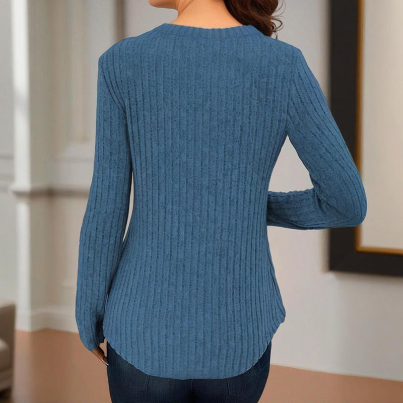 Women's Solid Color Button V-Neck Long Sleeve Knit Top FitiqueFit