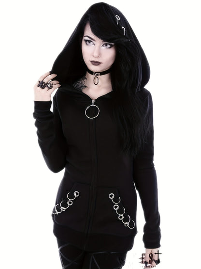 Solid Color Hooded Sweater with Ring Accent - Casual Round Neck Pullover, Medium Elasticity All-Season Sweaters for Layering, Machine Washable Sweaters for or Weekend Outfits (Compatible with Dresses) NovaCart
