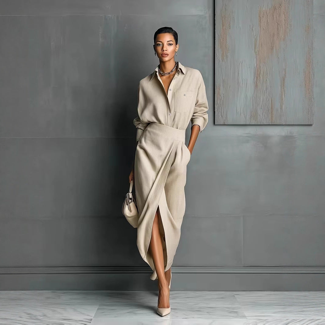 Women's Irregular Pleated Midi Dress – Elegant High-Waist Long Sleeve FitiqueFit