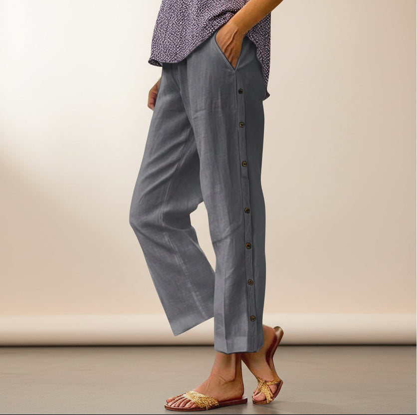 Cropped Pants With Decorative Buttons Along the Side Seams FitiqueFit