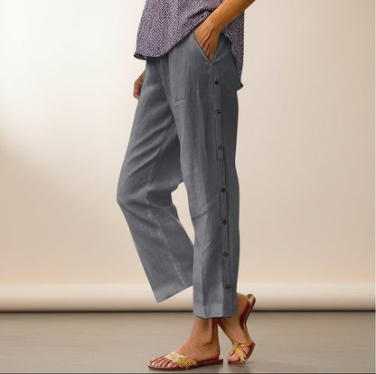 Cropped Pants With Decorative Buttons Along the Side Seams FitiqueFit