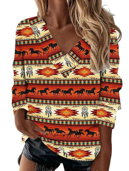 Boho Western V-Neck Long Sleeved Top – Stylish Cowgirl Fashion with Geometric Patterns Country in My Heart