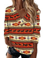 Boho Western V-Neck Long Sleeved Top – Stylish Cowgirl Fashion with Geometric Patterns Country in My Heart