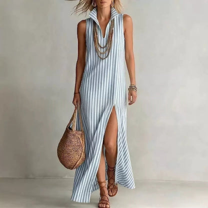 Striped Stand Collar Side-Slit Sleeveless Maxi Dress – A-Line Cami FitiqueFit