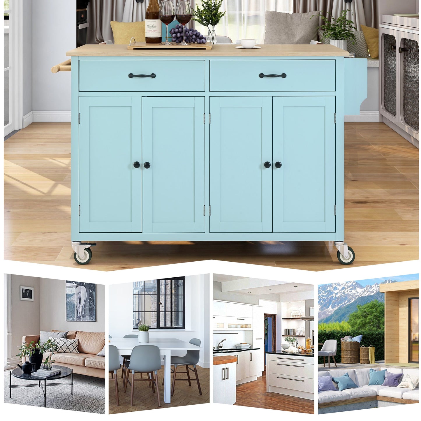 Kitchen Island Cart with 4 Door Cabinet and Two Drawers and 2 Locking Wheels - Solid Wood Top (Mint Green)