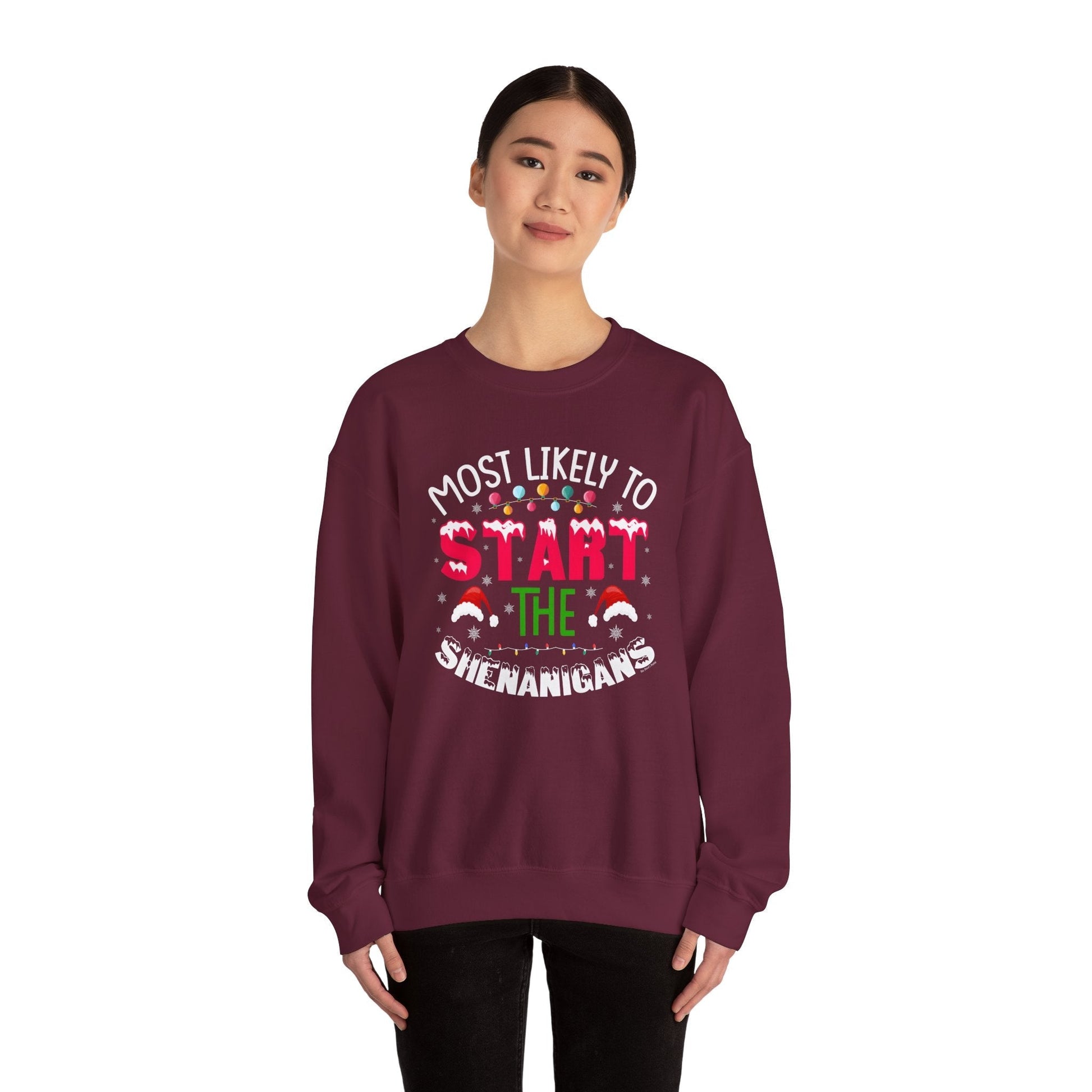 Most Likely To Start The Shenanigans Crewneck Sweatshirt The Devil's Pickle