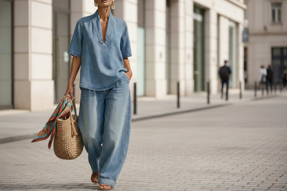 Retro V-Neck Washed Denim Top & Wide-Leg Pants Set – 3 Colors, S–3XL FitiqueFit