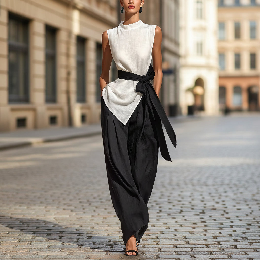 Women's Lace-Up Sleeveless Top & Wide-Leg Pants Two-Piece Set – White FitiqueFit