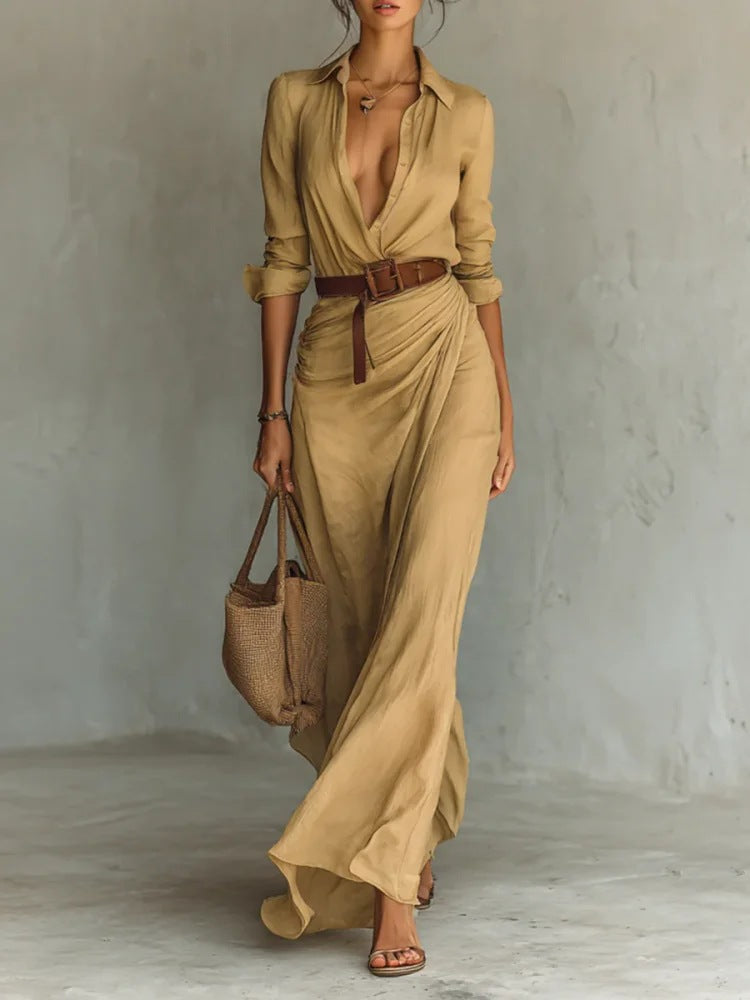 Women's Elegant Belted Irregular Ruffle Long Dress – Slim Waist FitiqueFit