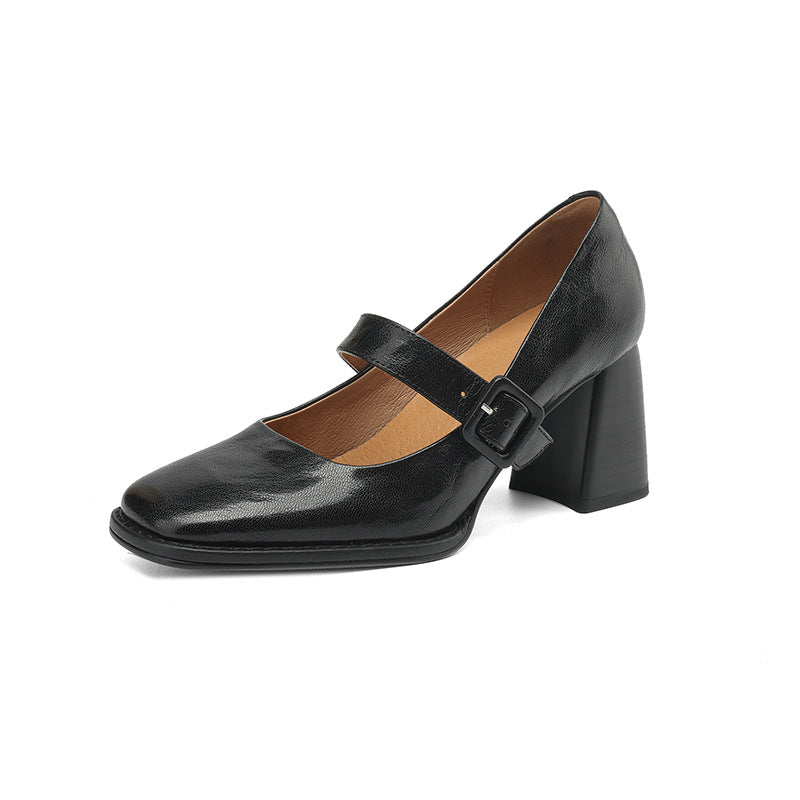 Women's Sheepskin Mary Jane Heels – Square Toe Chunky Heel Buckle Pumps FitiqueFit