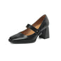 Women's Sheepskin Mary Jane Heels – Square Toe Chunky Heel Buckle Pumps FitiqueFit