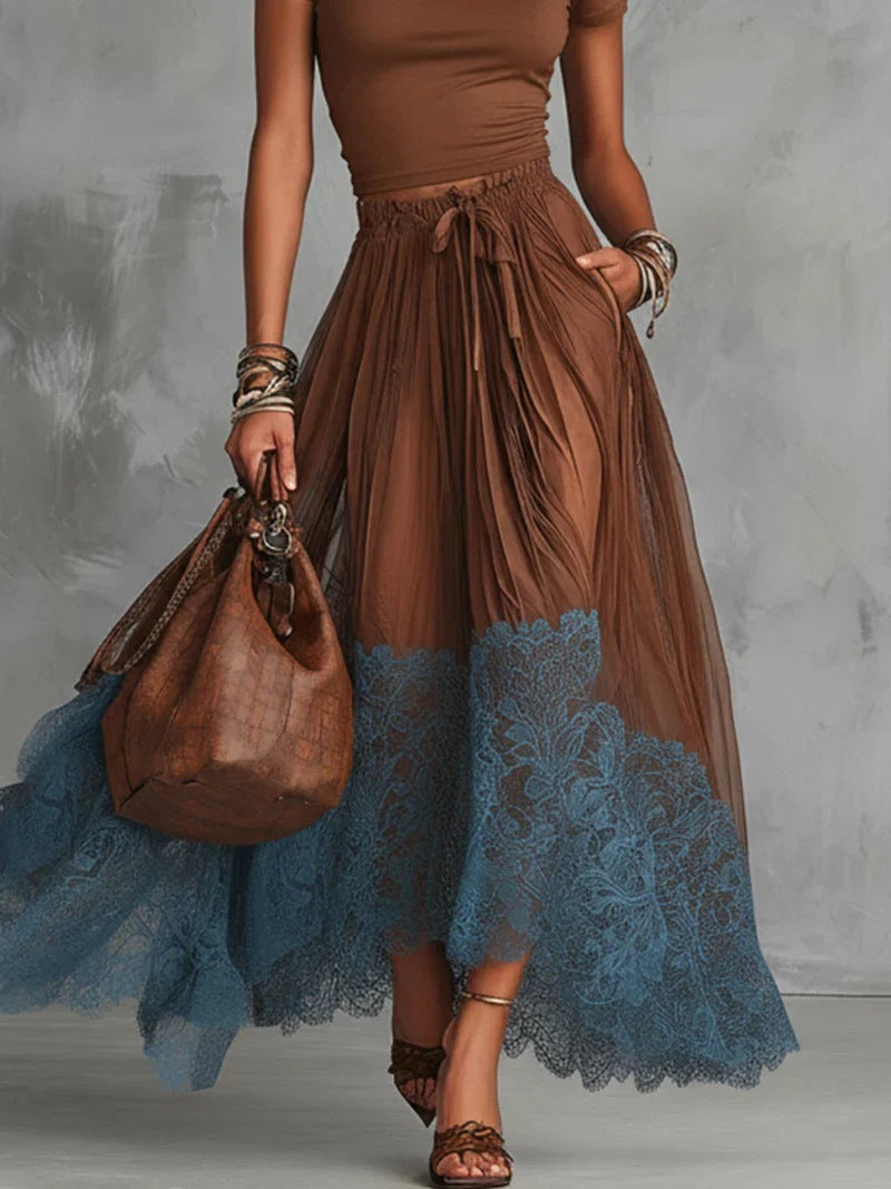 Short-Sleeve Top and Lace-Panel Midi Skirt Set FitiqueFit